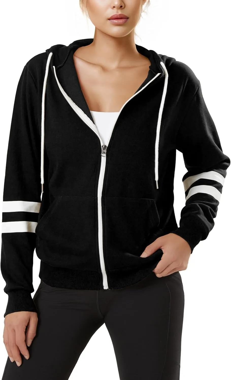 GIVON Womens Comfortable Long Sleeve Striped Hoodie Jacket Lightweight Hooded Sweatshirt with Kanga Pocket