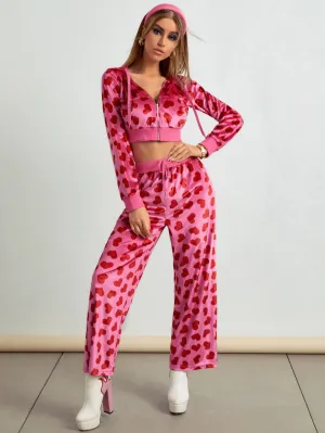 Glamorous All Over Print Drawstring Long Sleeve Hooded Women Two-Piece Outfits
