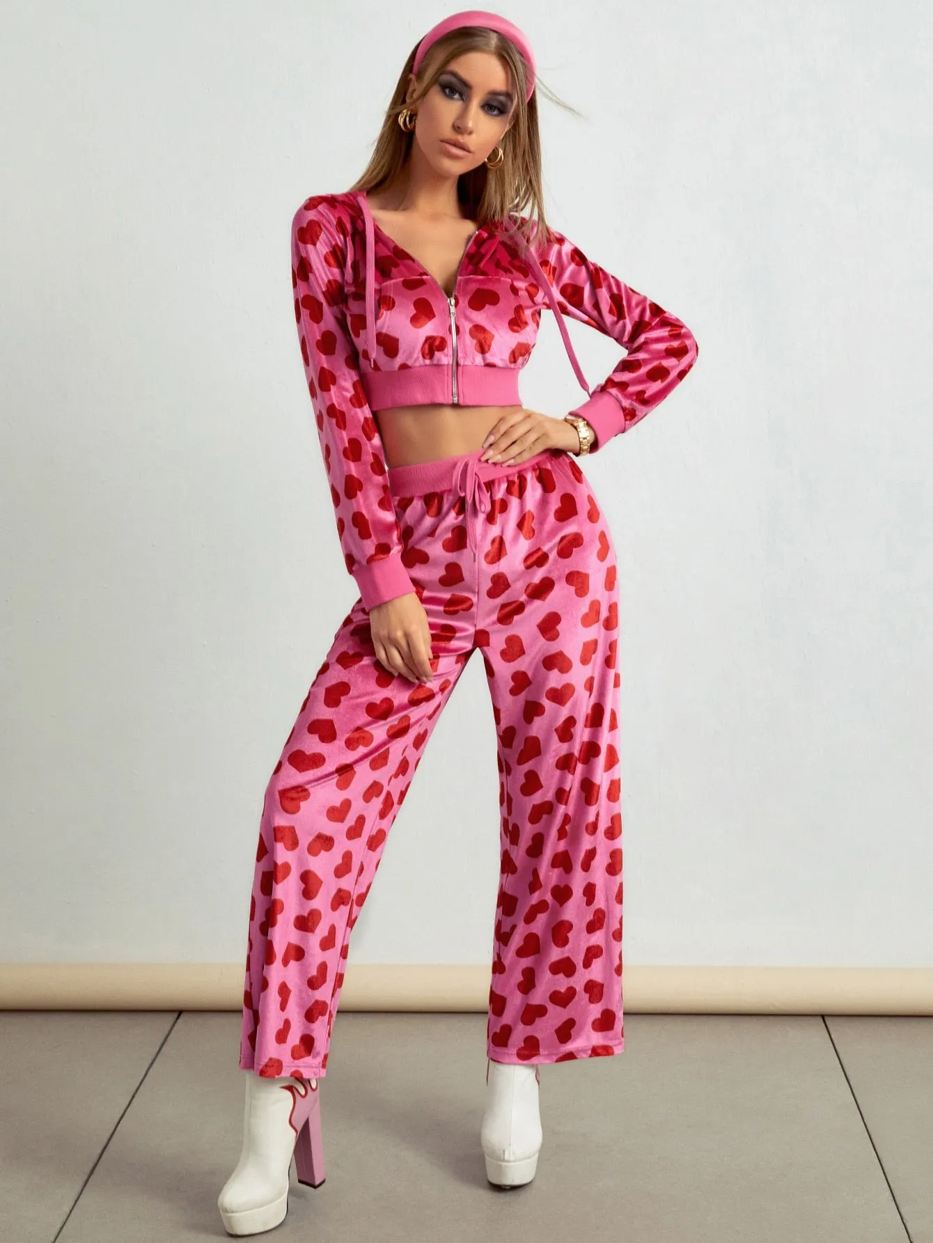Glamorous All Over Print Drawstring Long Sleeve Hooded Women Two-Piece Outfits