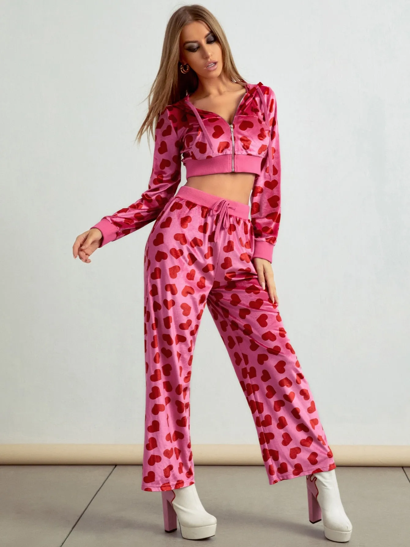 Glamorous All Over Print Drawstring Long Sleeve Hooded Women Two-Piece Outfits