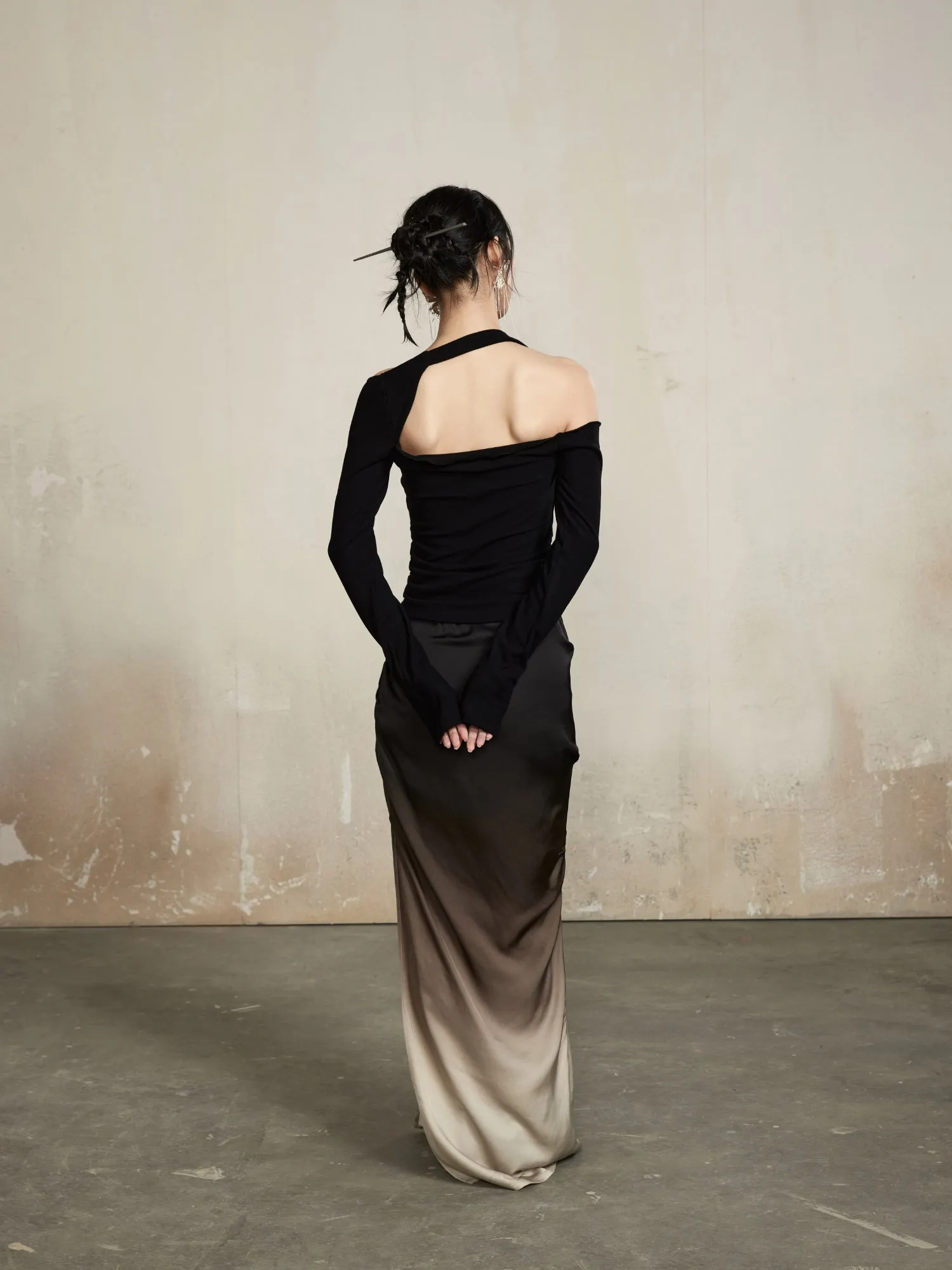 Gradation Classy Slim Drape Deep-Slit Elegant Tops&Long-Skirt