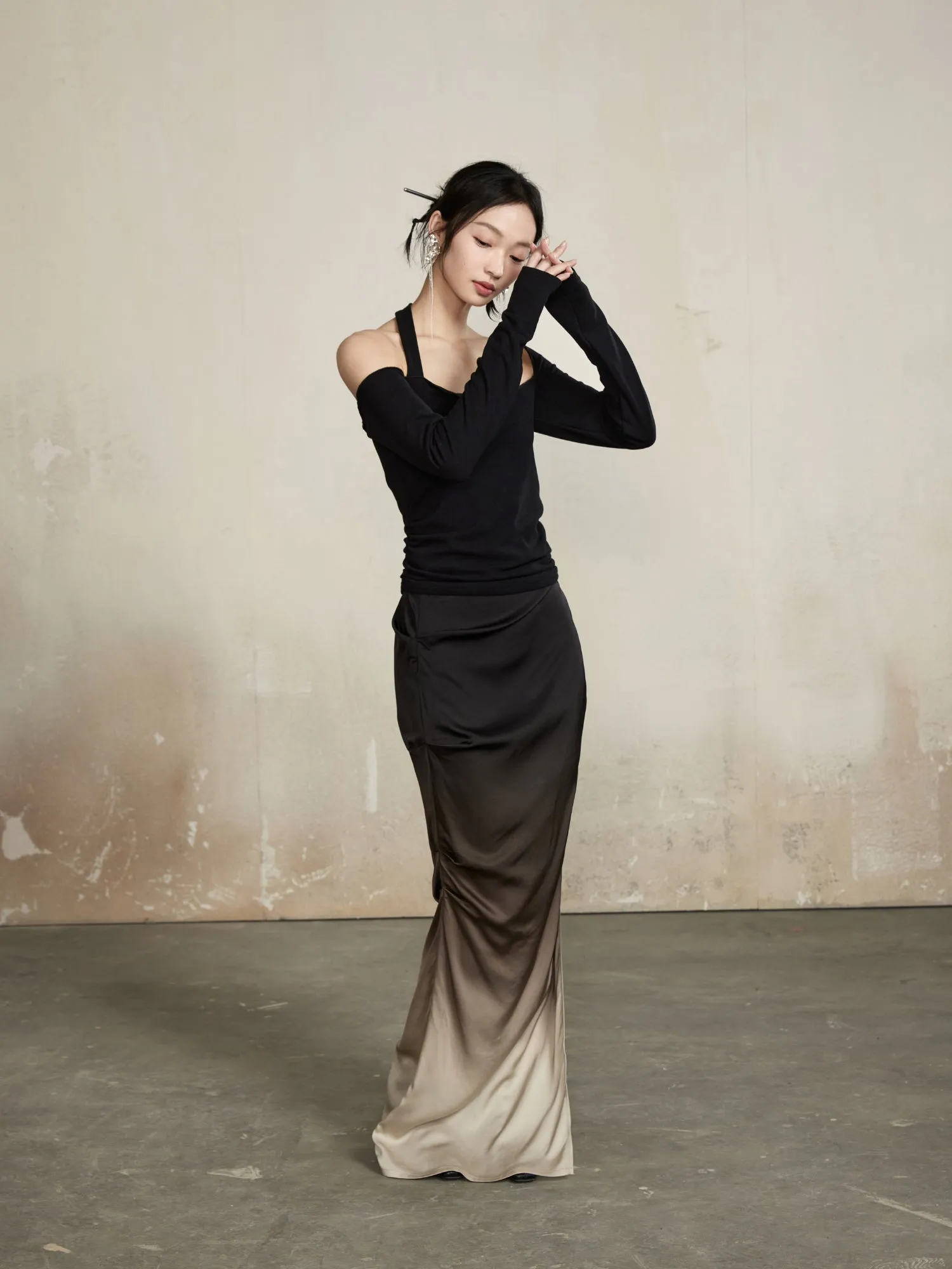Gradation Classy Slim Drape Deep-Slit Elegant Tops&Long-Skirt