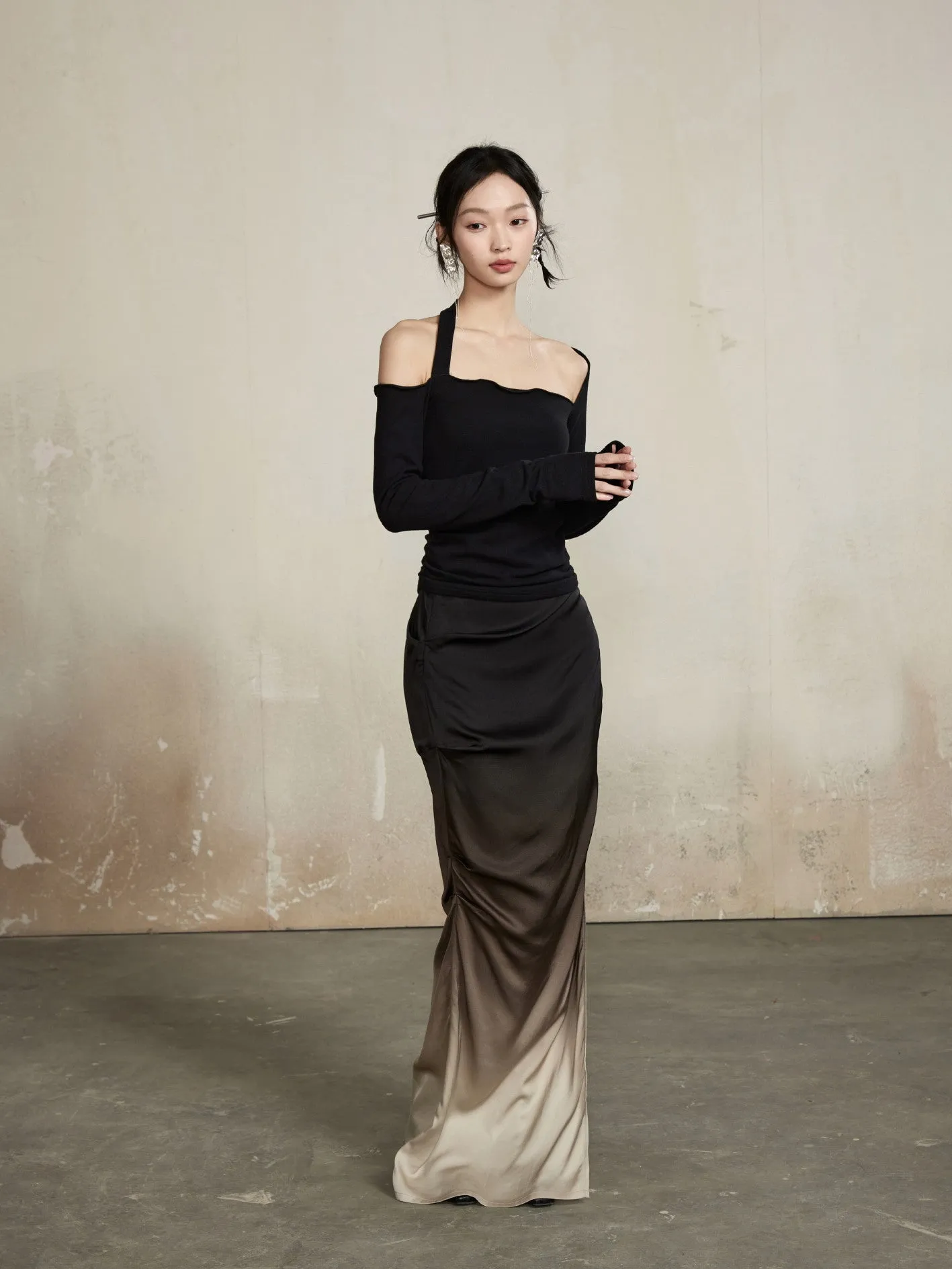 Gradation Classy Slim Drape Deep-Slit Elegant Tops&Long-Skirt