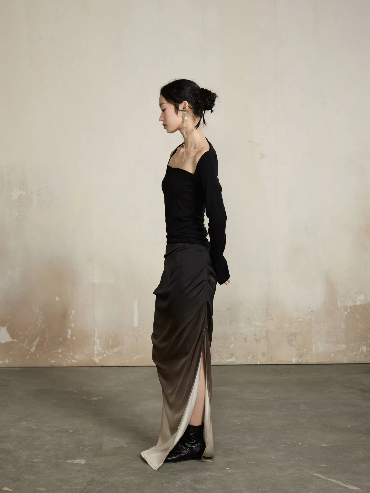 Gradation Classy Slim Drape Deep-Slit Elegant Tops&Long-Skirt