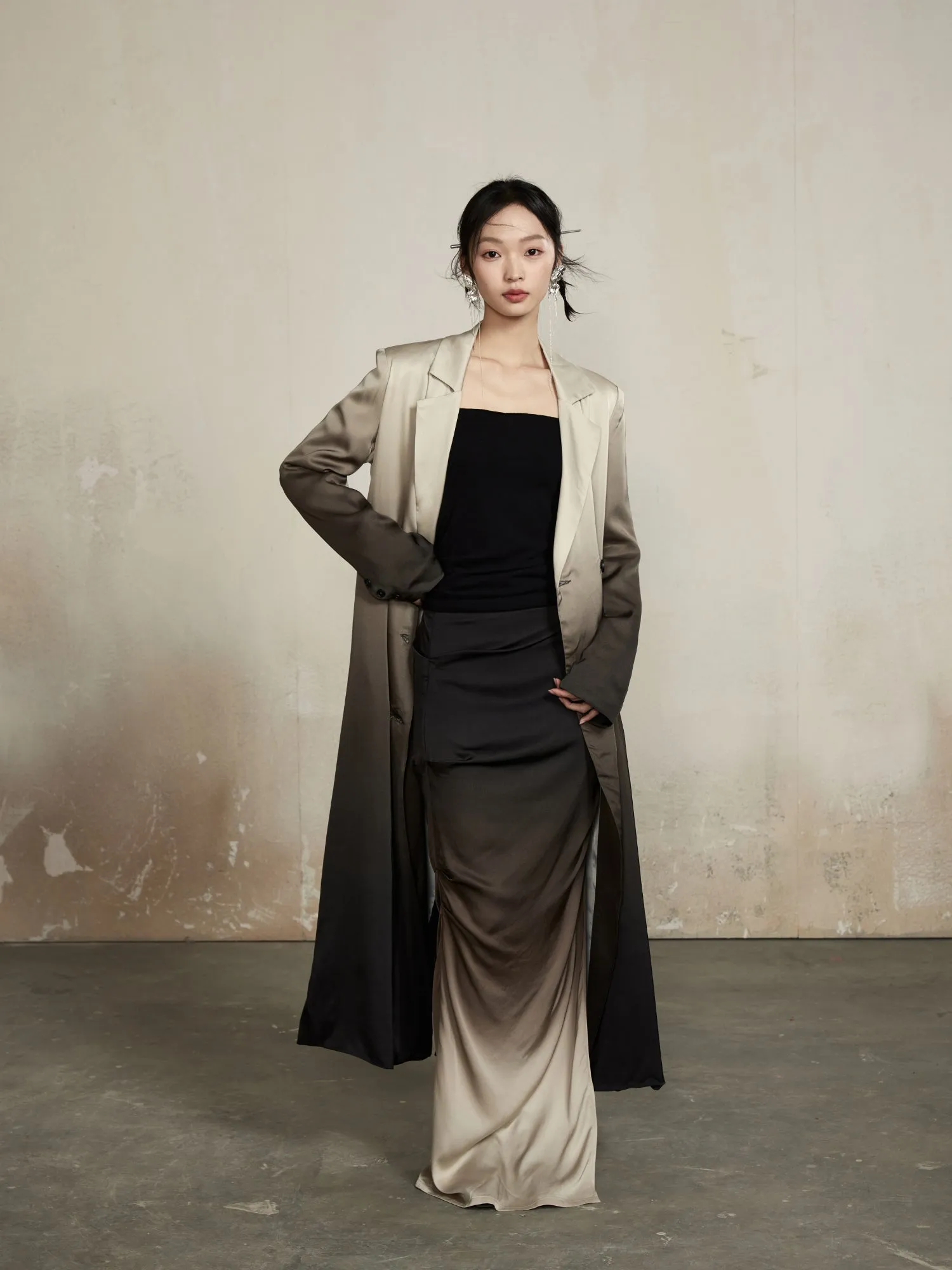 Gradation Classy Slim Drape Deep-Slit Elegant Tops&Long-Skirt