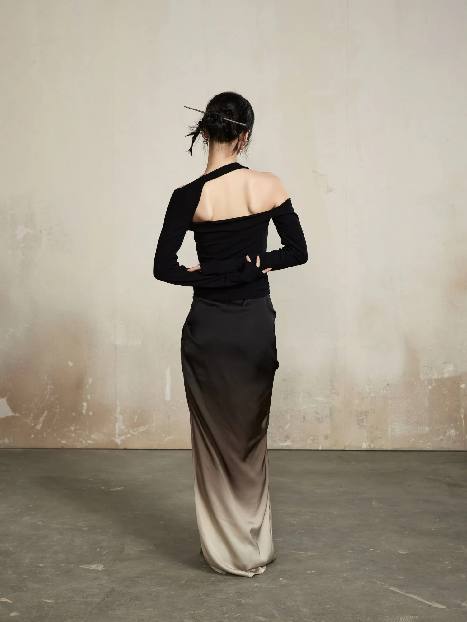 Gradation Classy Slim Drape Deep-Slit Elegant Tops&Long-Skirt