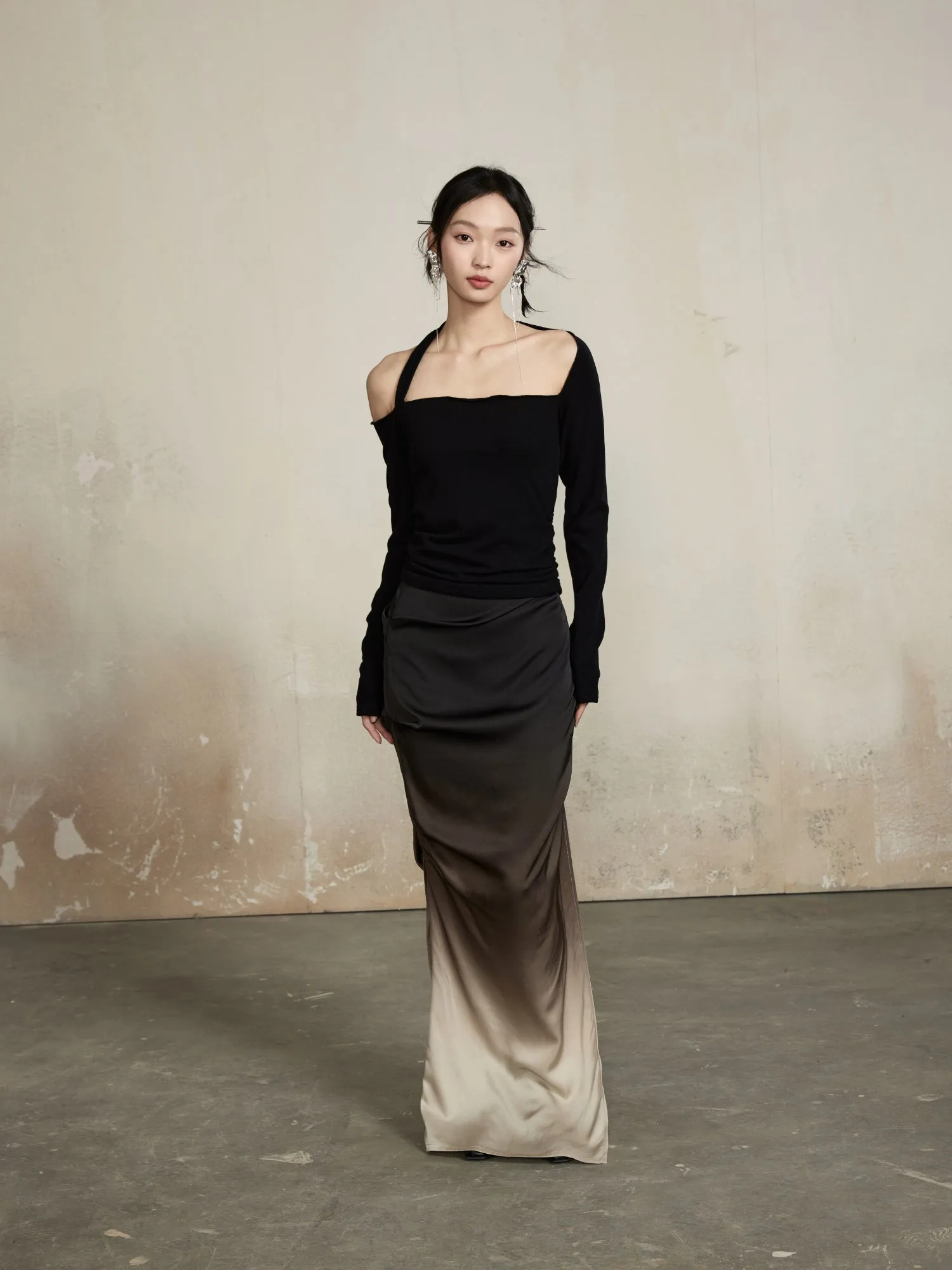 Gradation Classy Slim Drape Deep-Slit Elegant Tops&Long-Skirt