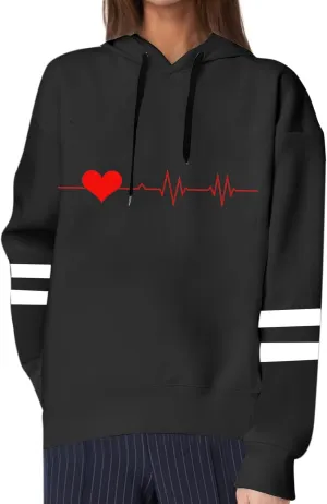 Graphic Hoodies for Women Cute Long Sleeve Valentines Heart Print Sweatshirts Comfy Hooded Pullover with Pockets