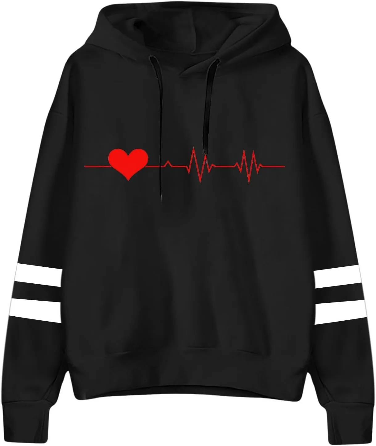 Graphic Hoodies for Women Cute Long Sleeve Valentines Heart Print Sweatshirts Comfy Hooded Pullover with Pockets