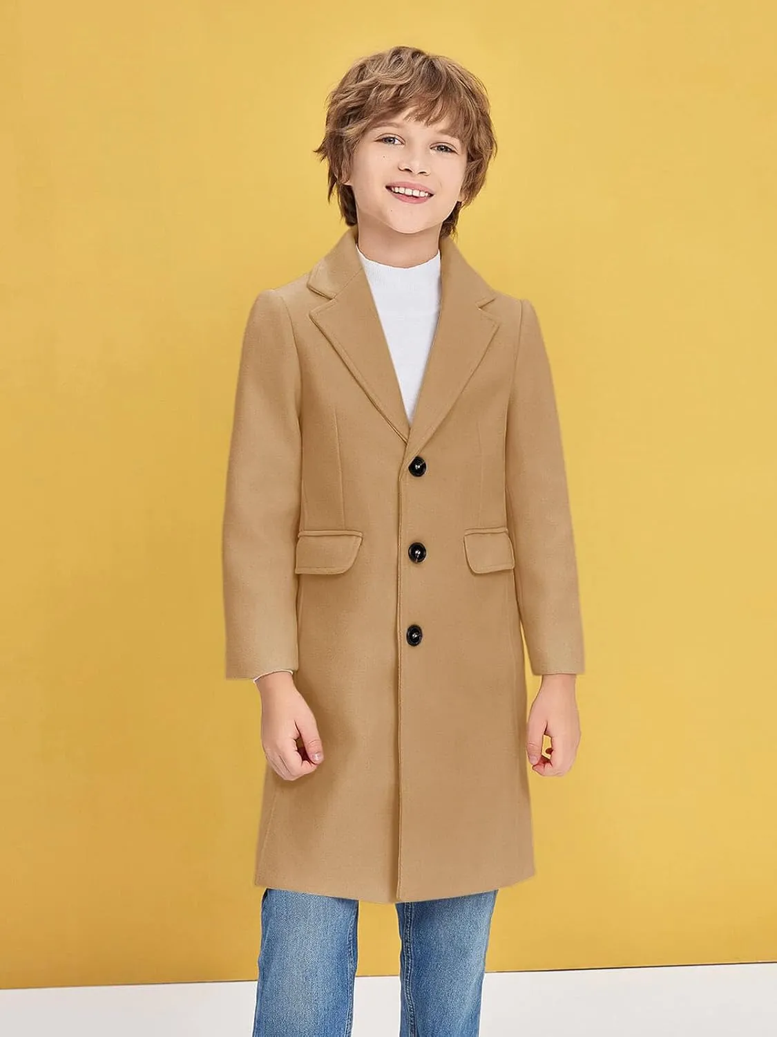 Haloumoning Boys Casual Trench Coat Kids Winter Notch Lapel Long Jacket Single Breasted Pea Coat with Pockets 4-14Y