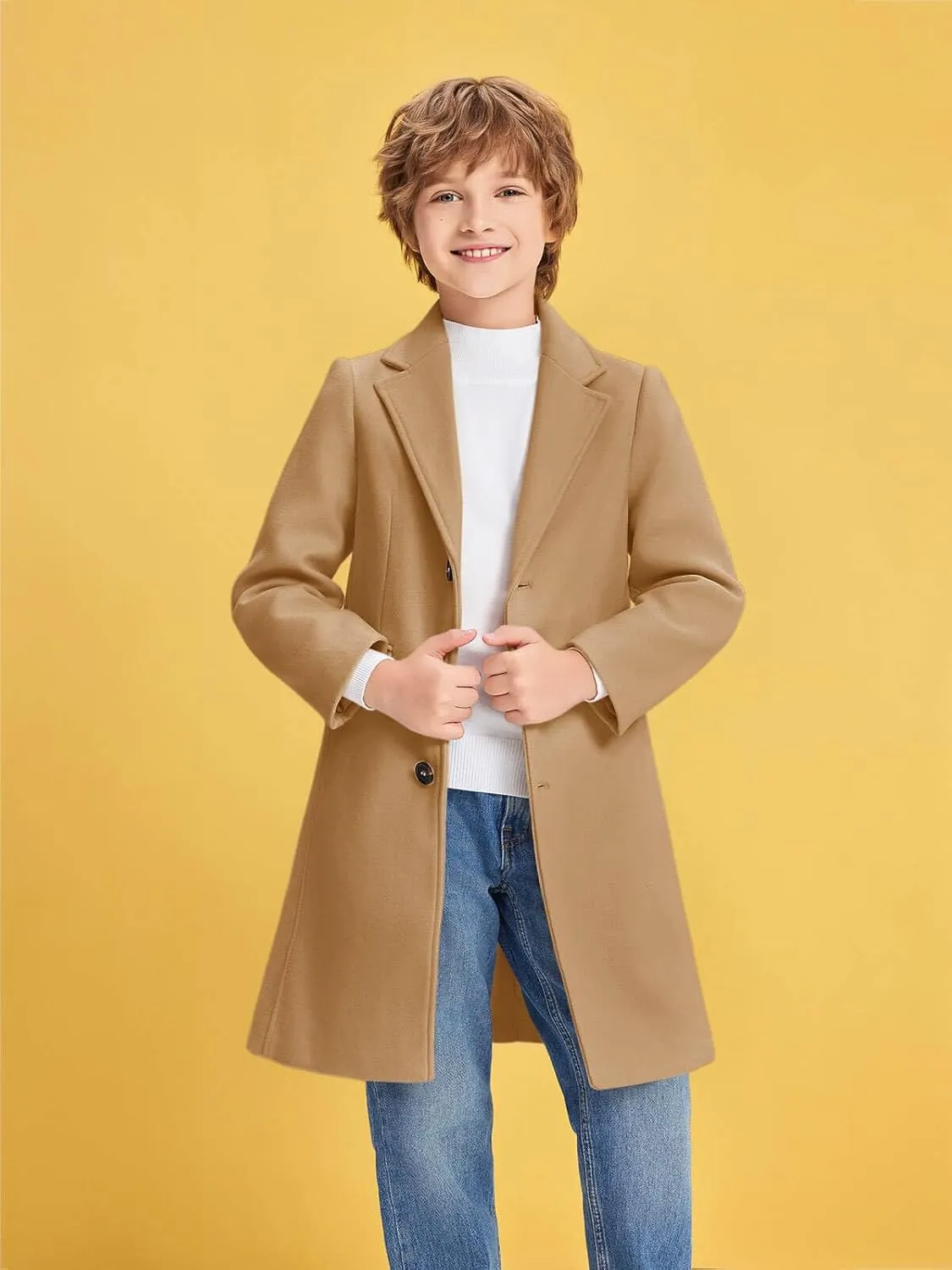 Haloumoning Boys Casual Trench Coat Kids Winter Notch Lapel Long Jacket Single Breasted Pea Coat with Pockets 4-14Y
