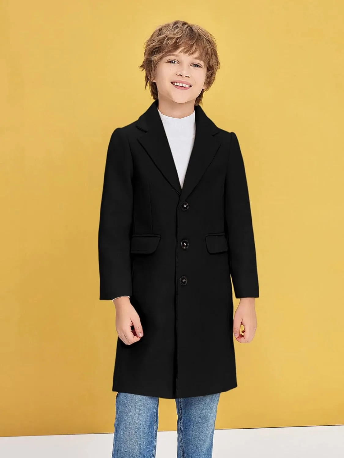 Haloumoning Boys Casual Trench Coat Kids Winter Notch Lapel Long Jacket Single Breasted Pea Coat with Pockets 4-14Y