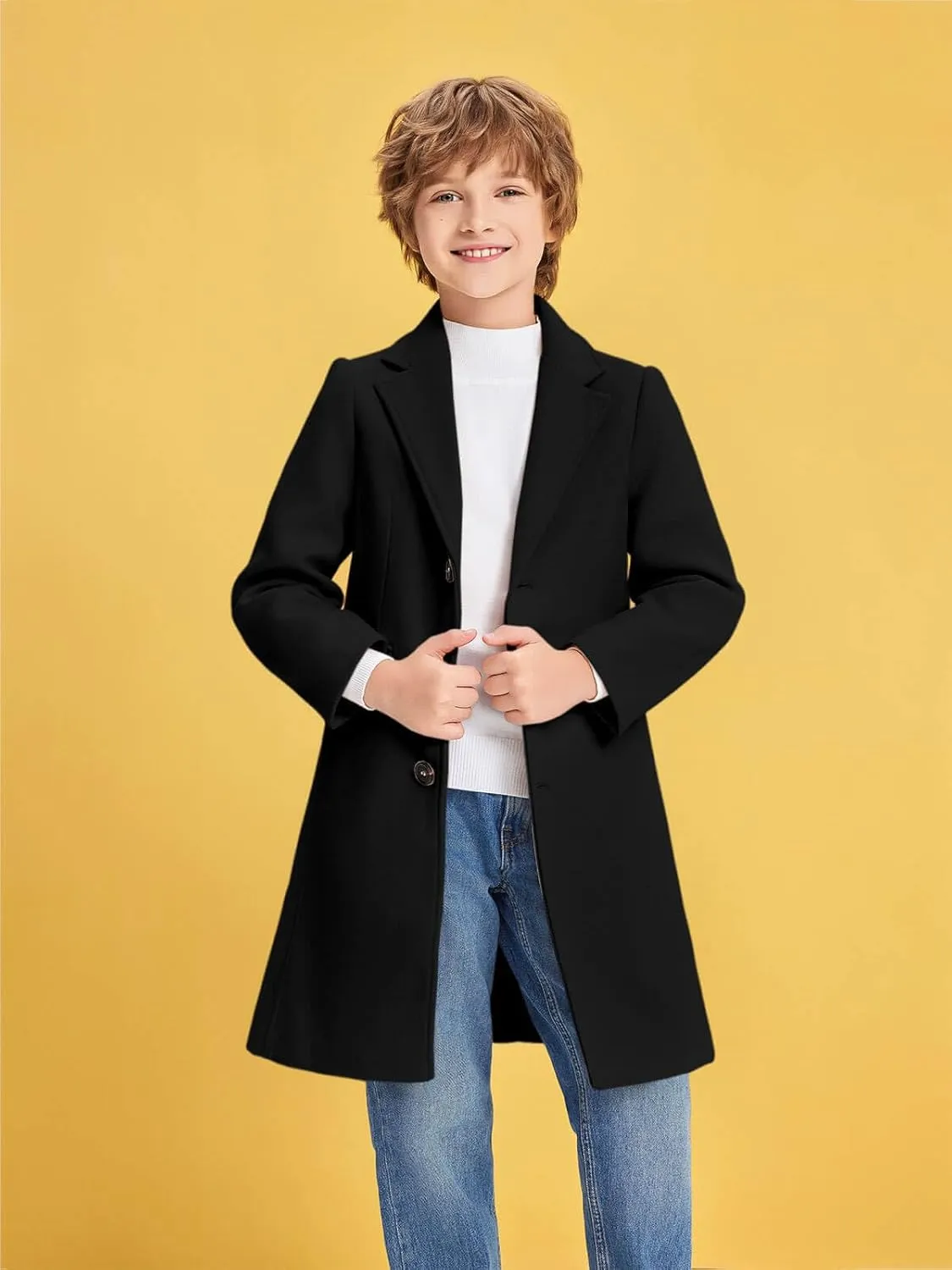 Haloumoning Boys Casual Trench Coat Kids Winter Notch Lapel Long Jacket Single Breasted Pea Coat with Pockets 4-14Y