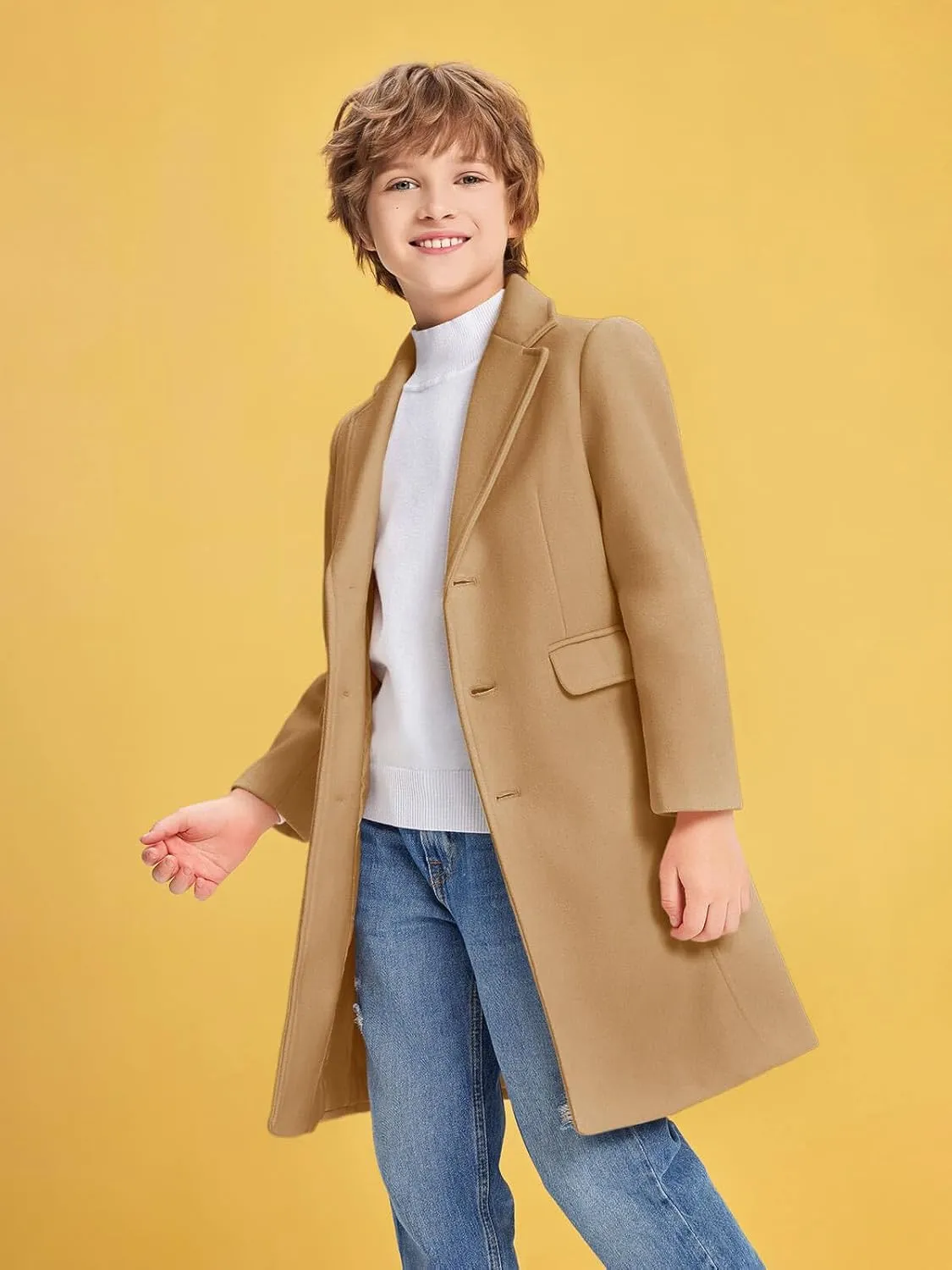 Haloumoning Boys Casual Trench Coat Kids Winter Notch Lapel Long Jacket Single Breasted Pea Coat with Pockets 4-14Y
