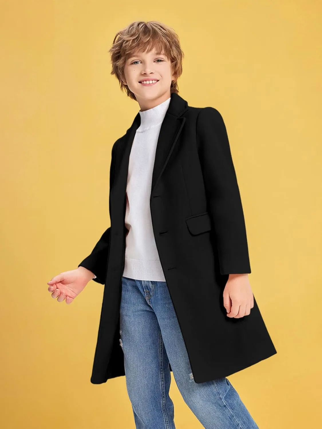 Haloumoning Boys Casual Trench Coat Kids Winter Notch Lapel Long Jacket Single Breasted Pea Coat with Pockets 4-14Y