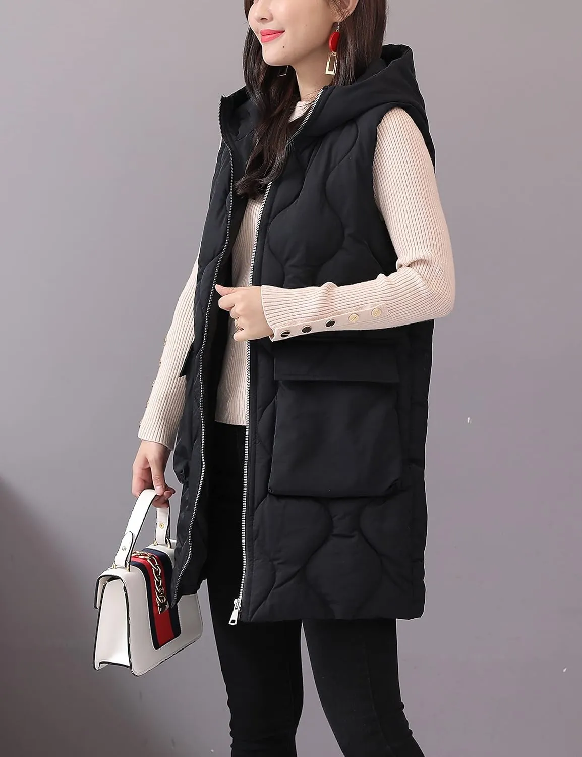 HangNiFang Winter Long Puffer Vest for Women Zip Up Hoodie Quilted Vest Jacket