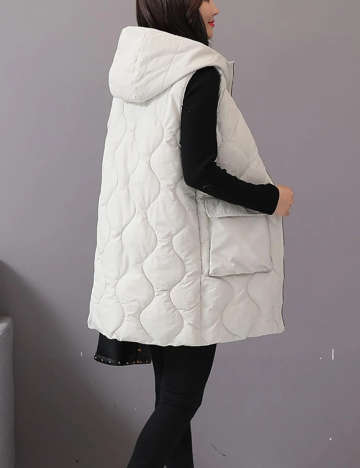 HangNiFang Winter Long Puffer Vest for Women Zip Up Hoodie Quilted Vest Jacket