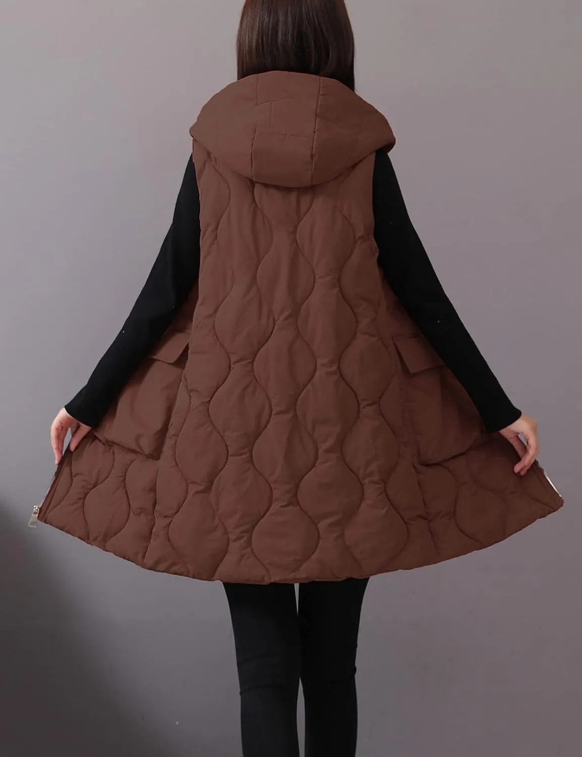 HangNiFang Winter Long Puffer Vest for Women Zip Up Hoodie Quilted Vest Jacket