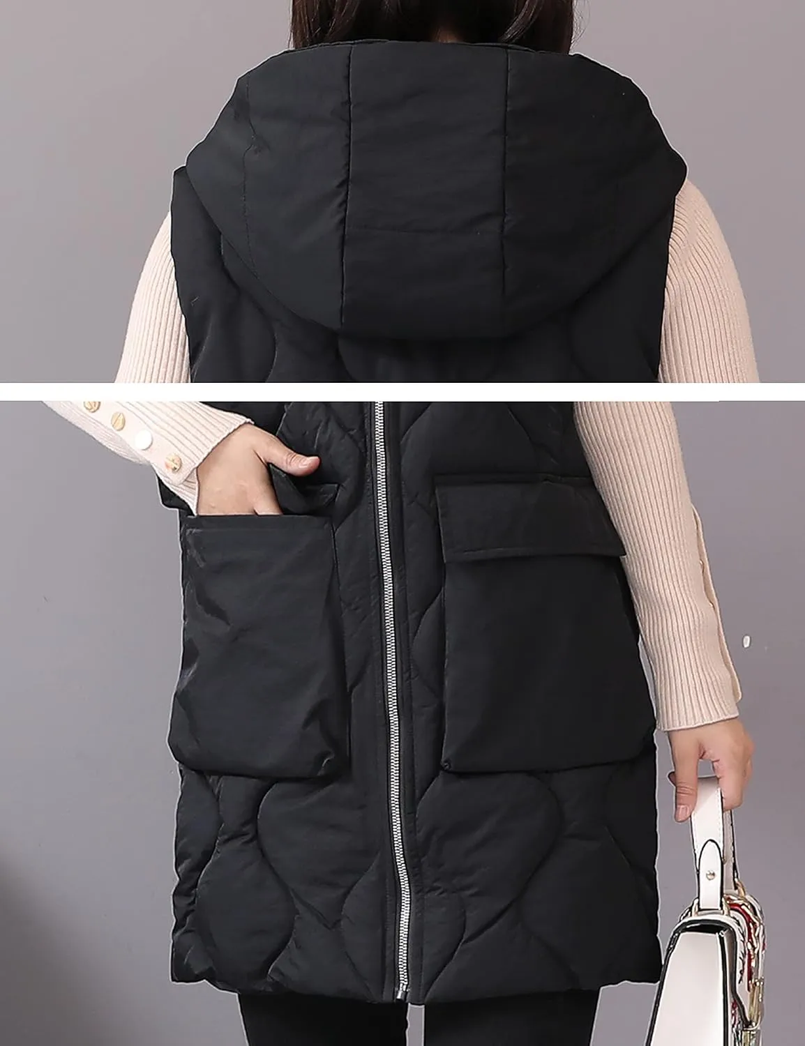 HangNiFang Winter Long Puffer Vest for Women Zip Up Hoodie Quilted Vest Jacket