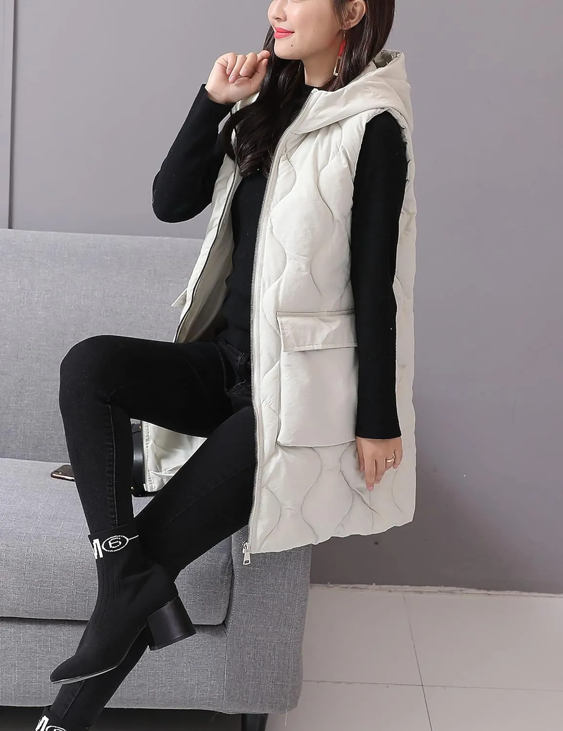 HangNiFang Winter Long Puffer Vest for Women Zip Up Hoodie Quilted Vest Jacket