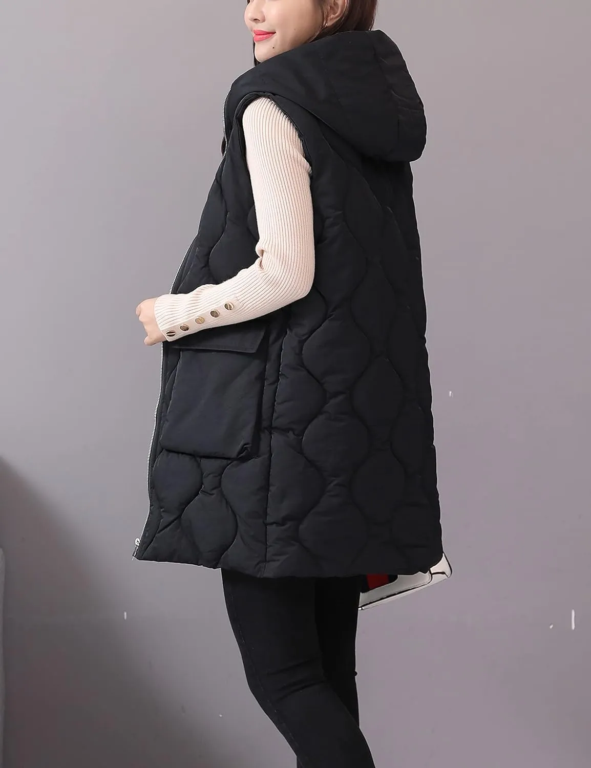 HangNiFang Winter Long Puffer Vest for Women Zip Up Hoodie Quilted Vest Jacket