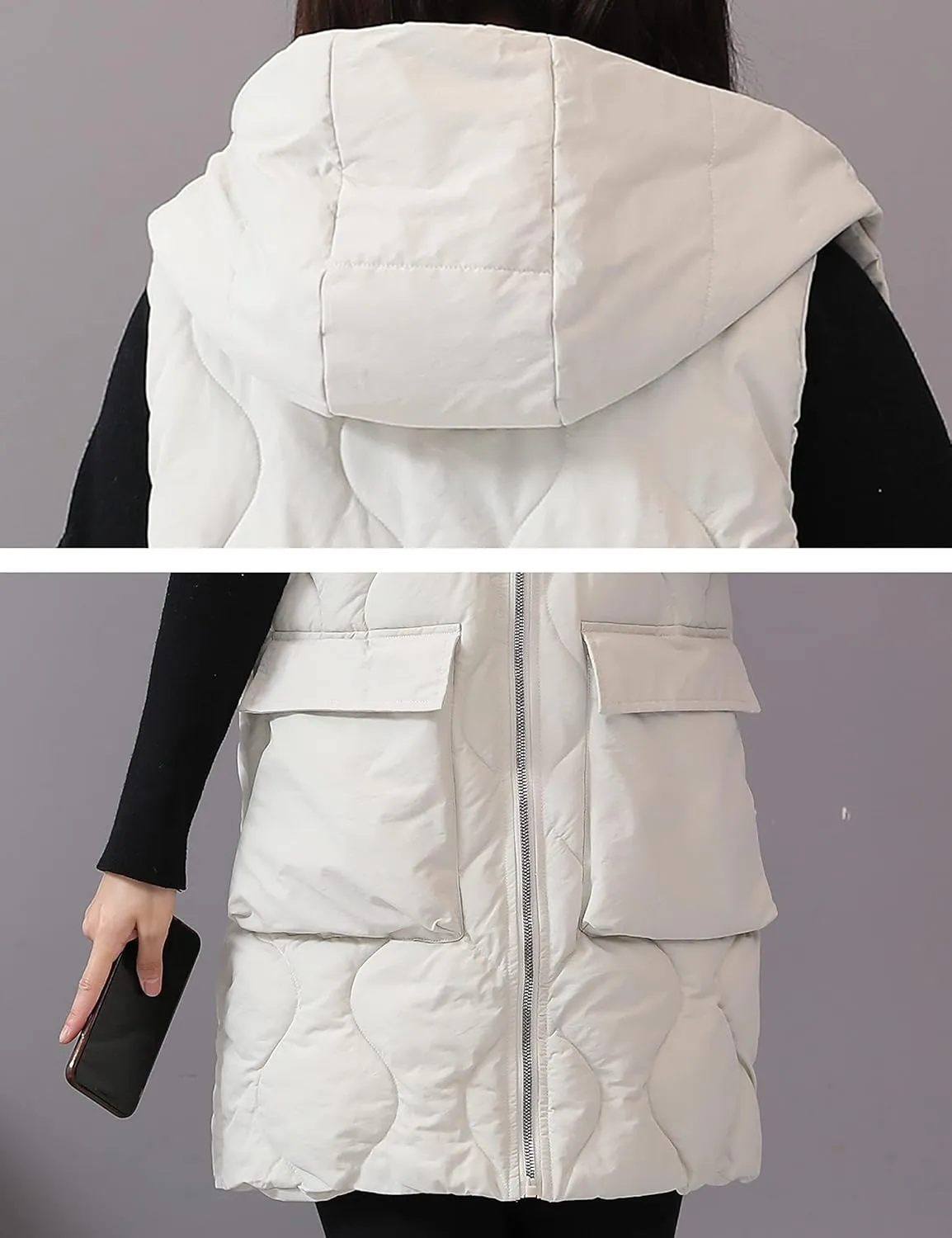HangNiFang Winter Long Puffer Vest for Women Zip Up Hoodie Quilted Vest Jacket