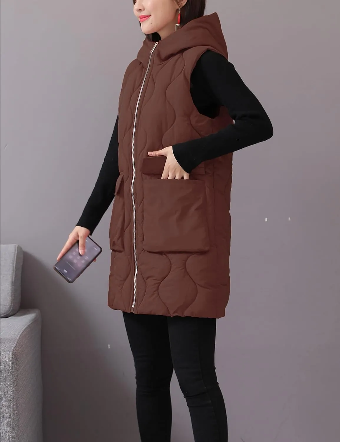 HangNiFang Winter Long Puffer Vest for Women Zip Up Hoodie Quilted Vest Jacket