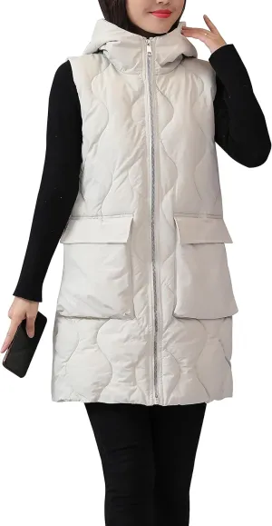 HangNiFang Winter Long Puffer Vest for Women Zip Up Hoodie Quilted Vest Jacket