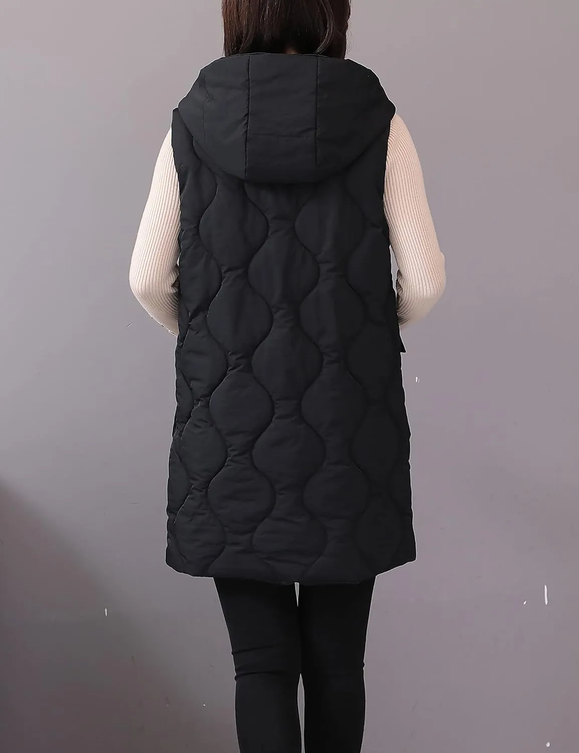 HangNiFang Winter Long Puffer Vest for Women Zip Up Hoodie Quilted Vest Jacket