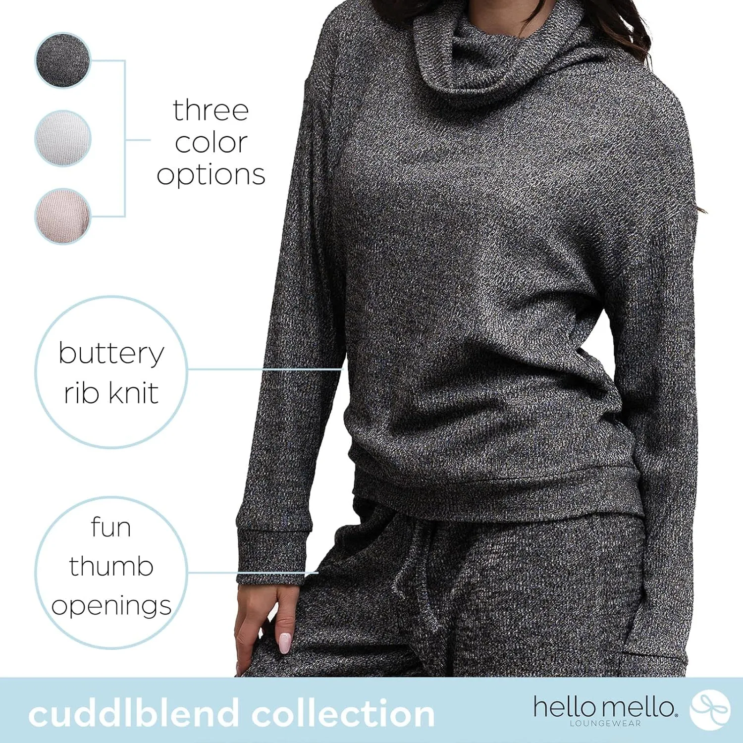 Hello Mello CuddleBlend Womens Lounge Comfortable Pajama Long Sleeve Top with Cowl Neck and Thumbholes