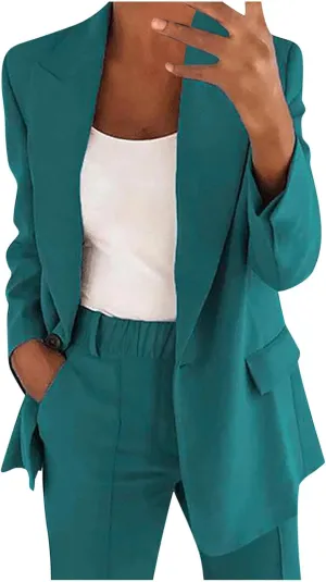 HGps8w 2 Piece Outfits for Women Dressy Work Pants Suits, Blazer Jacket & Straight-Leg Long Pants Business Casual Clothes