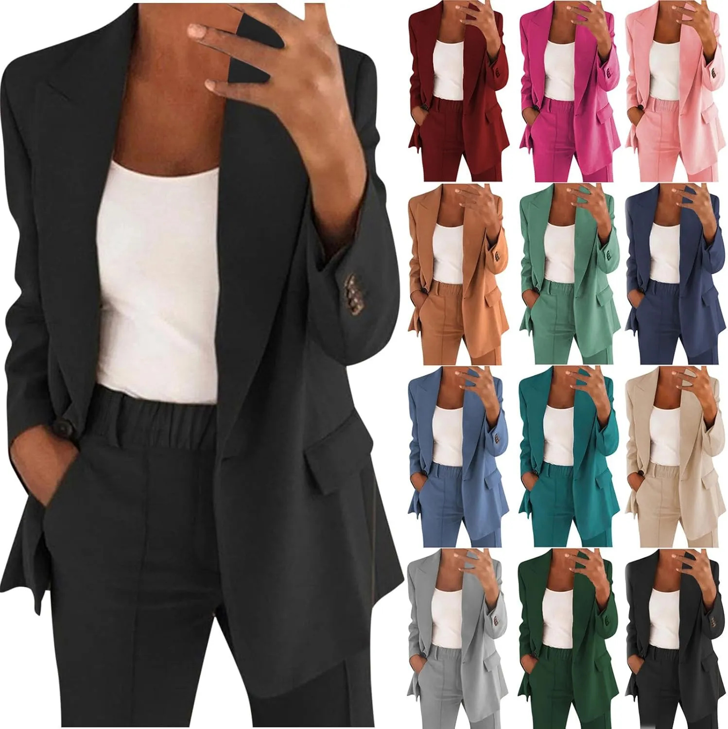 HGps8w 2 Piece Outfits for Women Dressy Work Pants Suits, Blazer Jacket & Straight-Leg Long Pants Business Casual Clothes