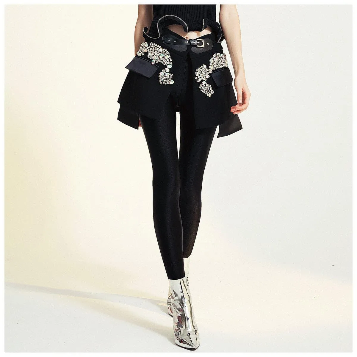 High street stitching pu buckle loop waist skirt