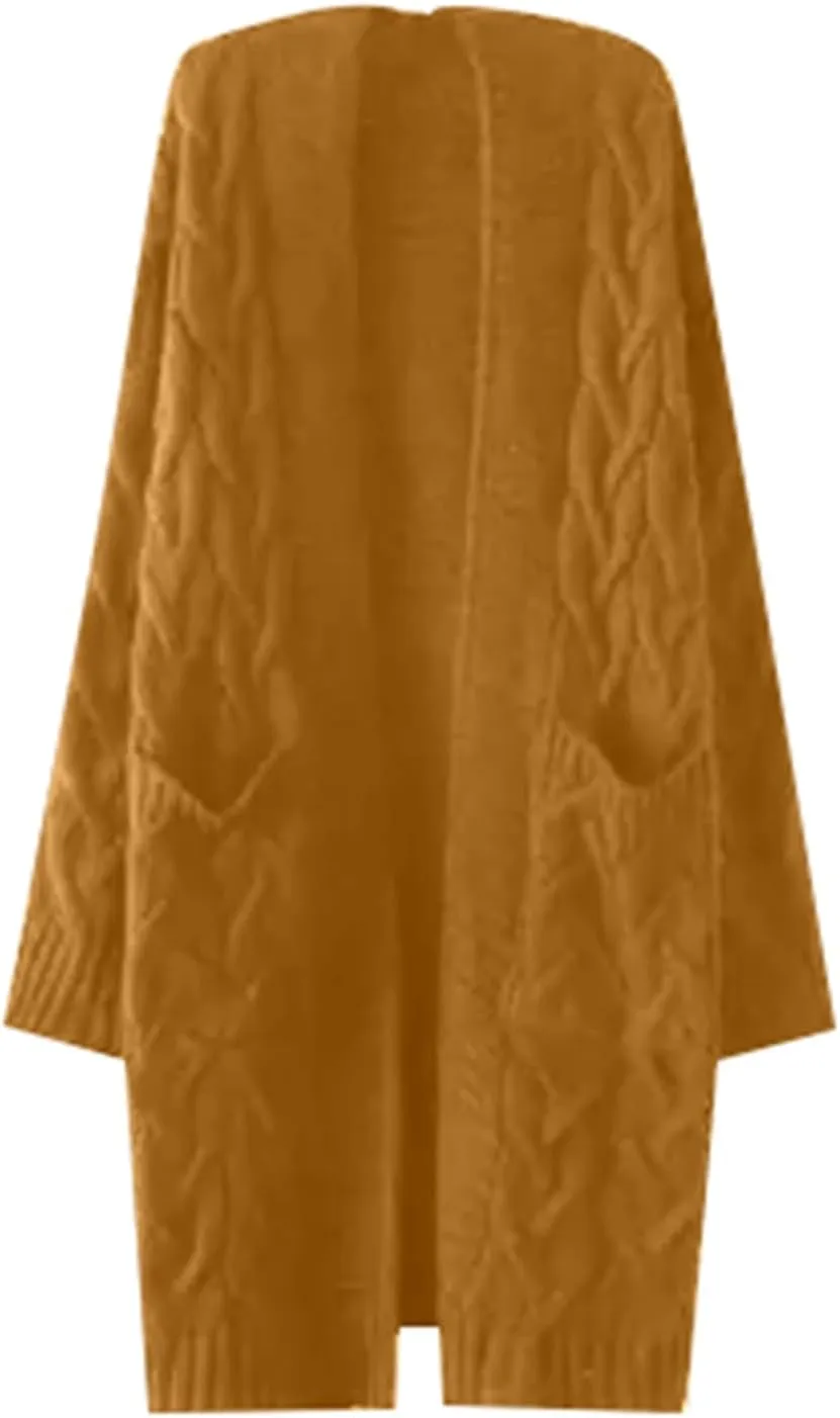 Hooded Open Front Cardigan for Women Cable Knit Sweaters Pocketed Oversized Knee Length Long Coats