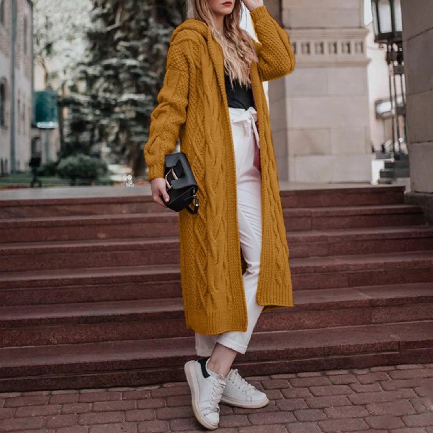 Hooded Open Front Cardigan for Women Cable Knit Sweaters Pocketed Oversized Knee Length Long Coats