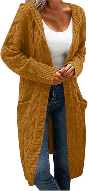 Hooded Open Front Cardigan for Women Cable Knit Sweaters Pocketed Oversized Knee Length Long Coats