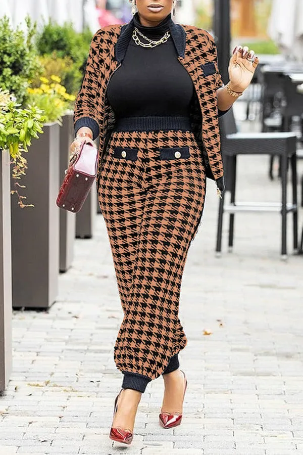 Houndstooth Printed Jacket   Pants Suits