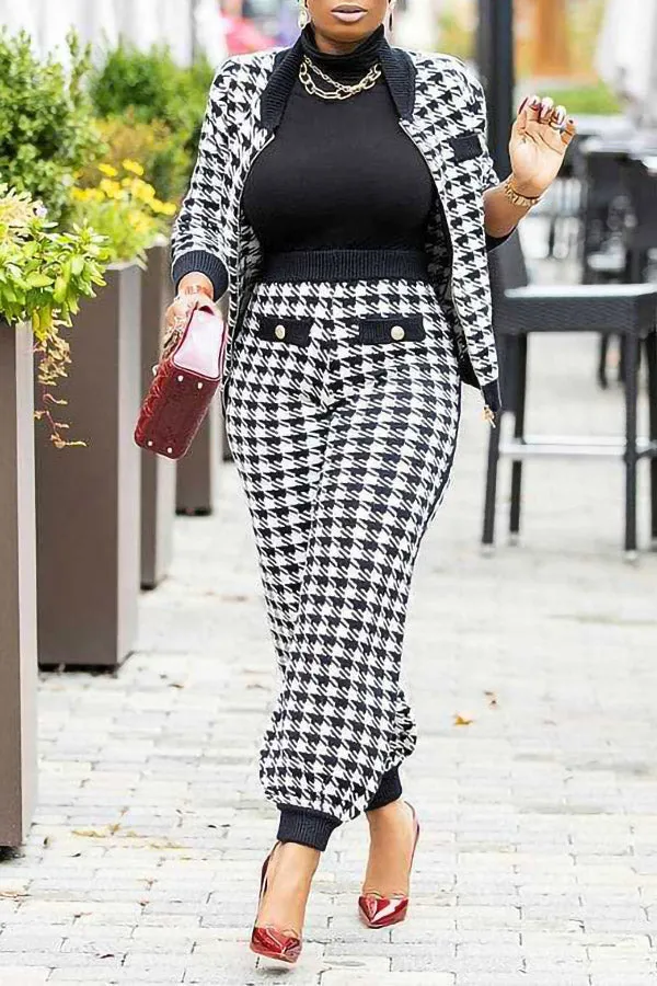 Houndstooth Printed Jacket   Pants Suits