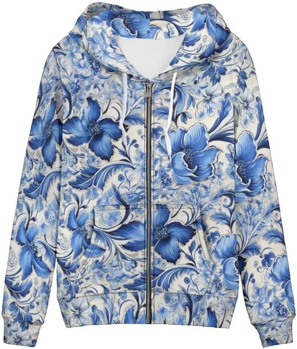Irisjudy Womens Fall Jackets Hoodie with Pocket, Skulls,Island Flowers Zip Front Open Cardigan Hood Warm Outerwear XS-5XL