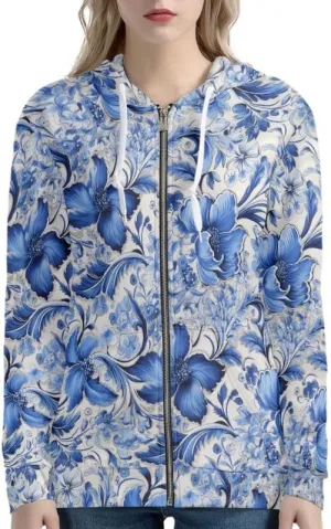 Irisjudy Womens Fall Jackets Hoodie with Pocket, Skulls,Island Flowers Zip Front Open Cardigan Hood Warm Outerwear XS-5XL
