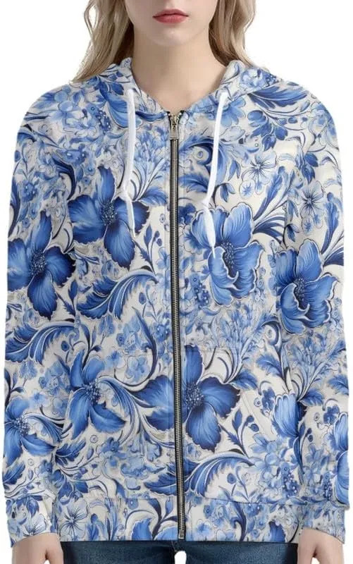Irisjudy Womens Fall Jackets Hoodie with Pocket, Skulls,Island Flowers Zip Front Open Cardigan Hood Warm Outerwear XS-5XL