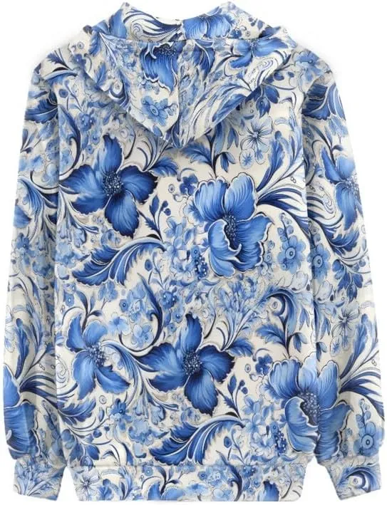 Irisjudy Womens Fall Jackets Hoodie with Pocket, Skulls,Island Flowers Zip Front Open Cardigan Hood Warm Outerwear XS-5XL