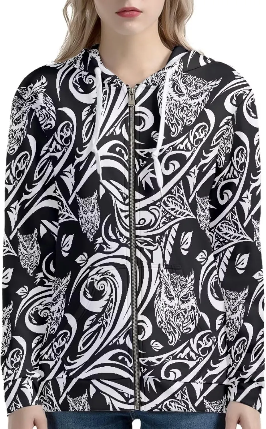 Irisjudy Womens Fall Jackets Hoodie with Pocket, Skulls,Island Flowers Zip Front Open Cardigan Hood Warm Outerwear XS-5XL