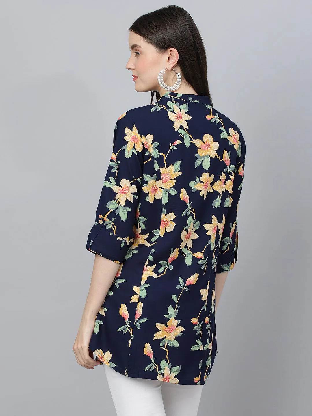 Jashvi Navy Blue Floral printed Rayon A-line Shirts Style Top