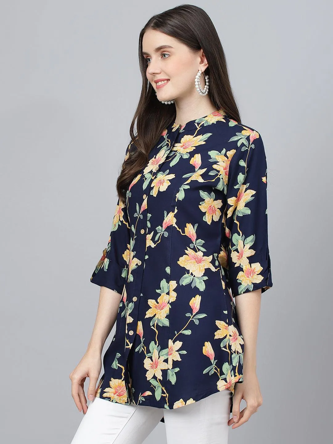 Jashvi Navy Blue Floral printed Rayon A-line Shirts Style Top