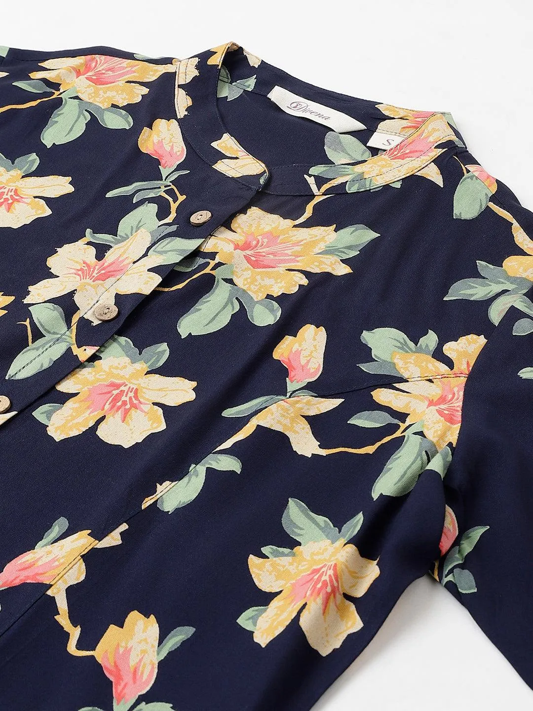 Jashvi Navy Blue Floral printed Rayon A-line Shirts Style Top
