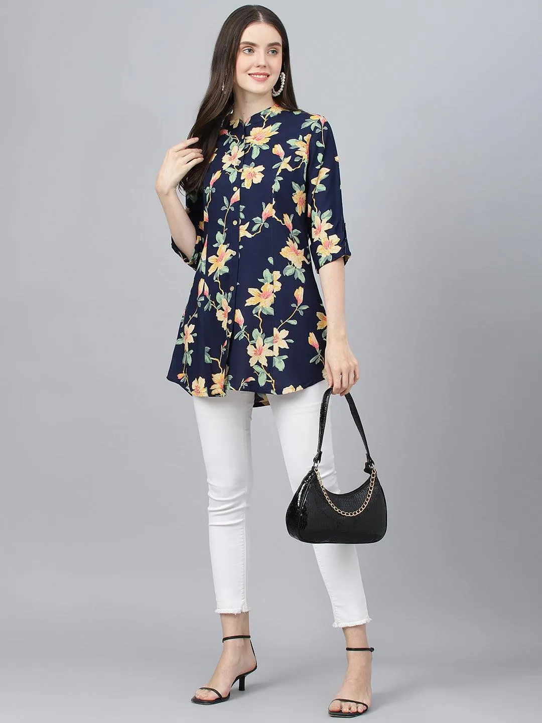 Jashvi Navy Blue Floral printed Rayon A-line Shirts Style Top