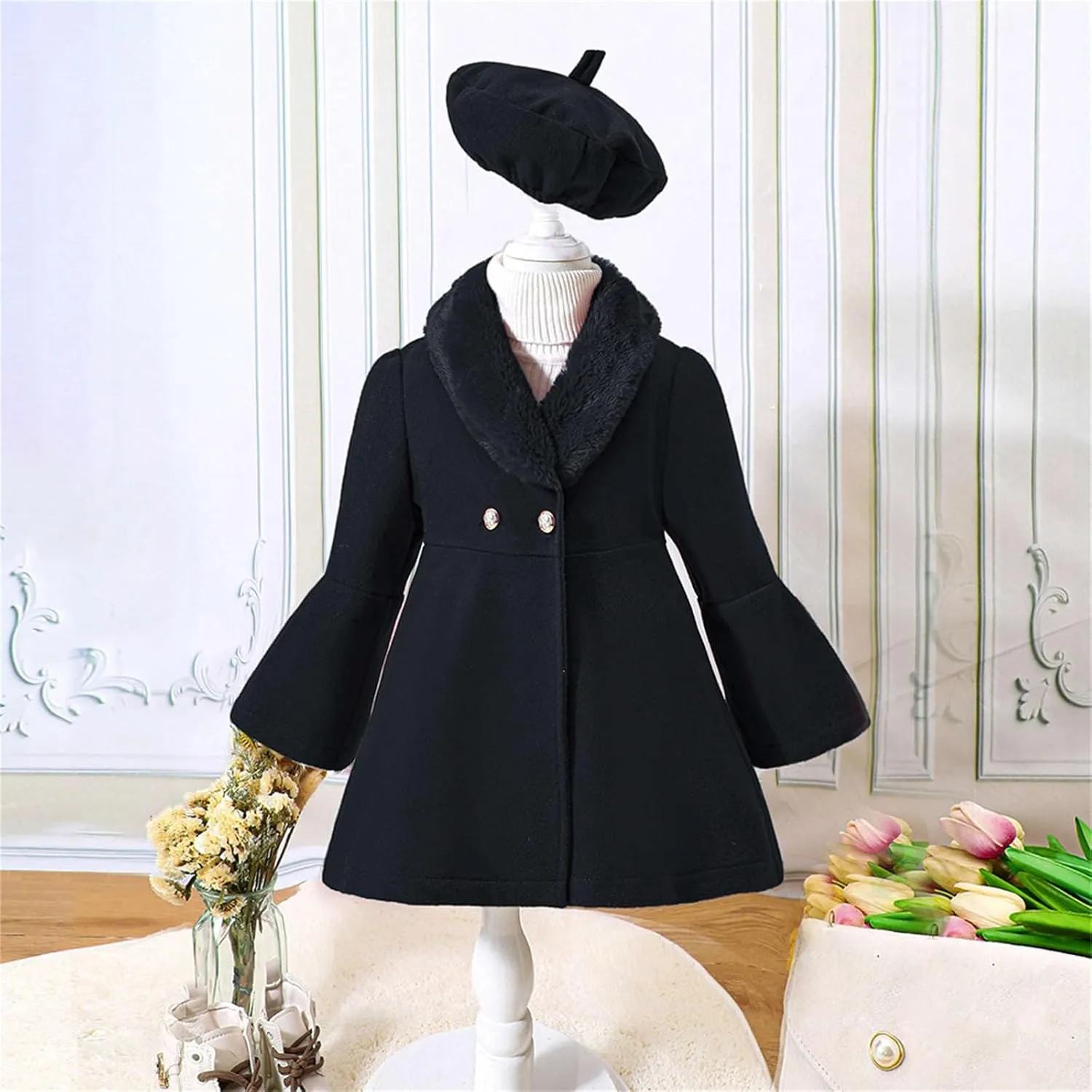 Kids Girls Trench Coat Long Sleeve Furry Collar Warm Peacoat with Beret Hat Set for Casual Wear