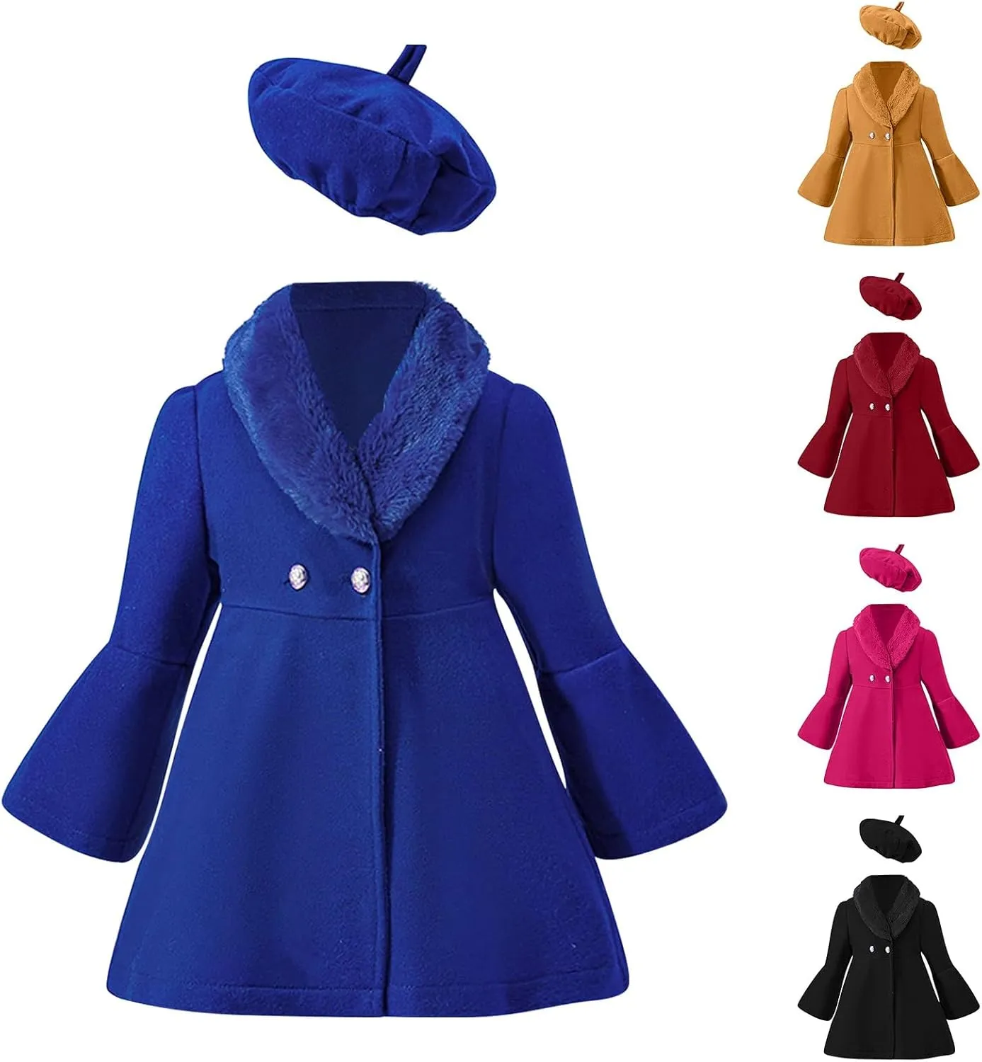 Kids Girls Trench Coat Long Sleeve Furry Collar Warm Peacoat with Beret Hat Set for Casual Wear