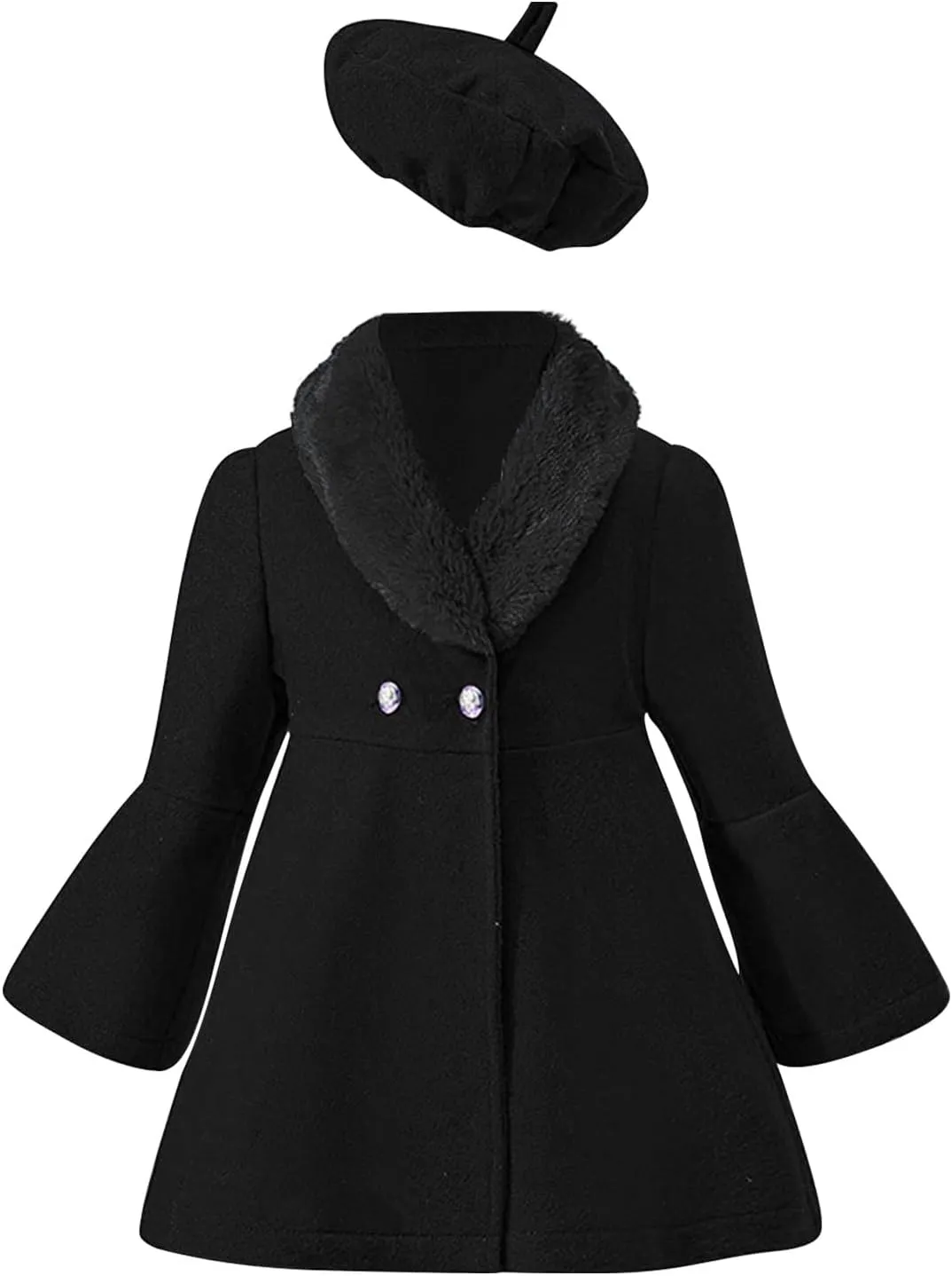 Kids Girls Trench Coat Long Sleeve Furry Collar Warm Peacoat with Beret Hat Set for Casual Wear